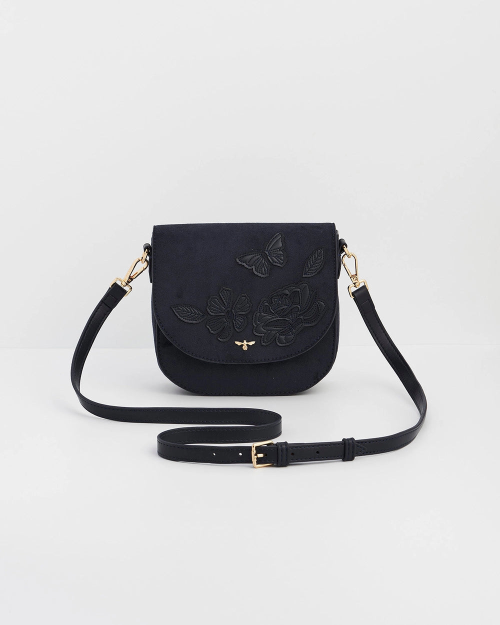 Beth Floral Applique Saddle Bag Navy Suedette