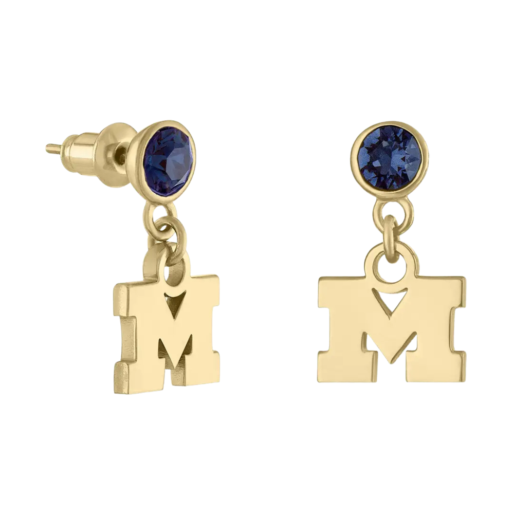 Michigan Block M Gold Plated Crystal Drop Earrings