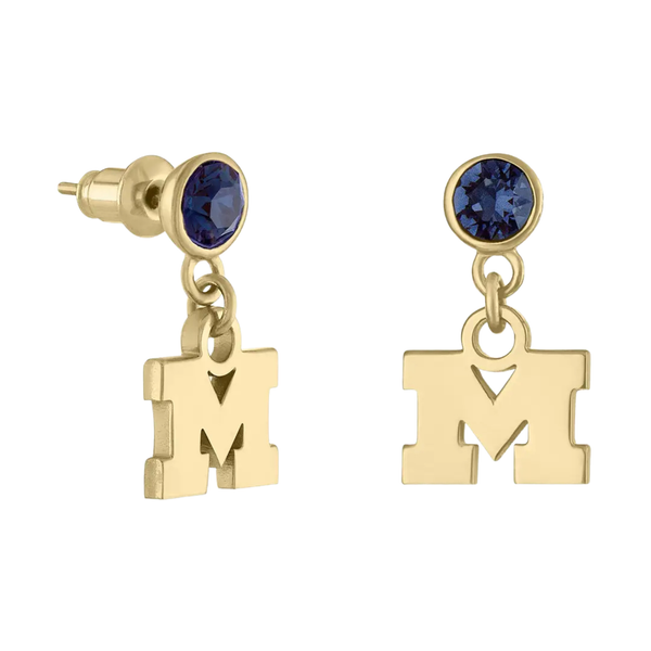 Michigan Block M Gold Plated Crystal Drop Earrings