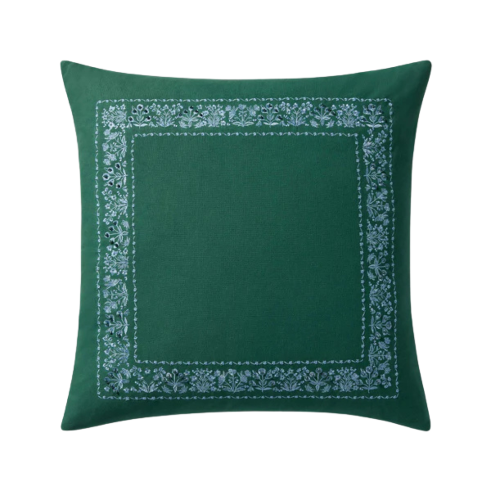 Embroidered Teal Border Pillow