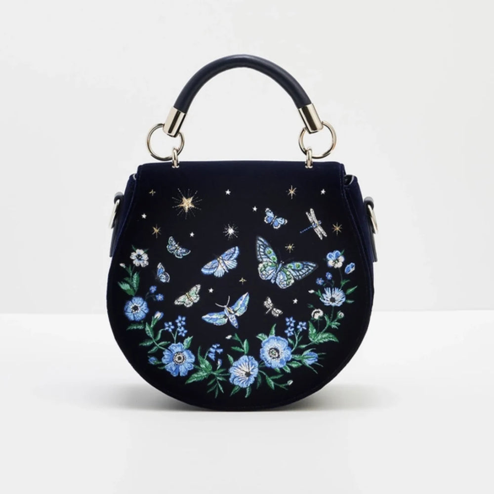 Charlotte Butterfly Embroidered Saddle Bag Navy Velvet