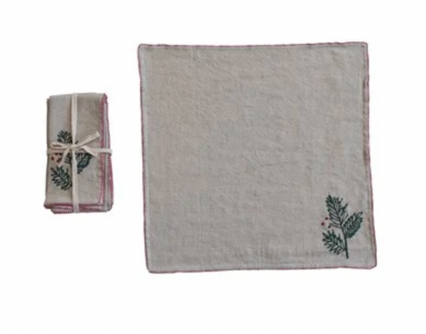 Holly Embroidered Linen Napkins
