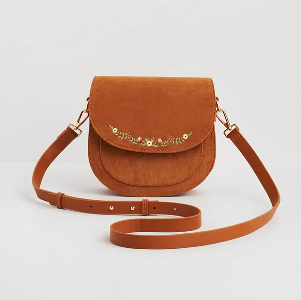 Tan Suede Embroidered Saddle Bag