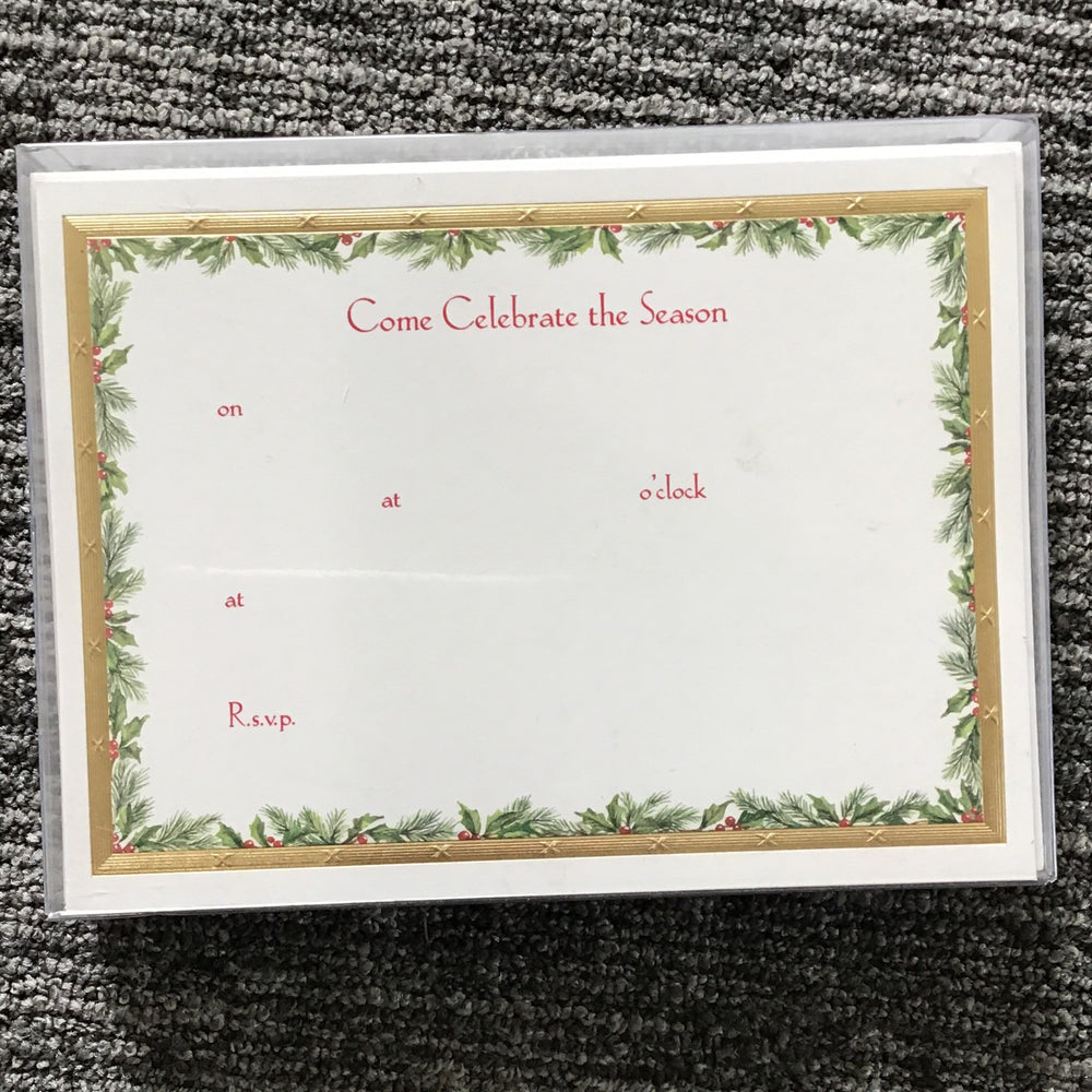 “Come Celebrate The Season” Mistletoe/Gold Border Fill In (Stationery)
