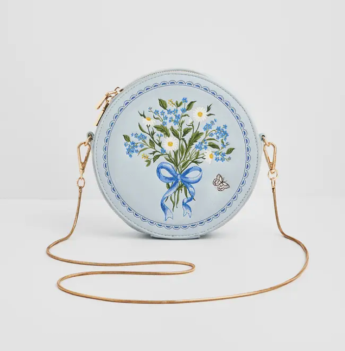 Floral Bow Blue Embroidered Circle Bag