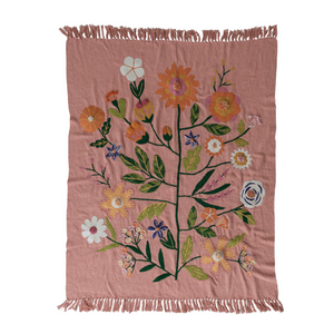 Woven Cotton Throw with Embroidered Flowers