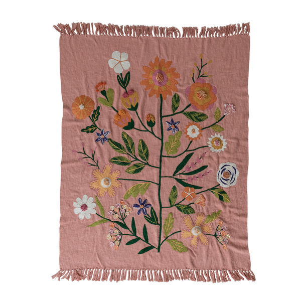 Woven Cotton Throw with Embroidered Flowers