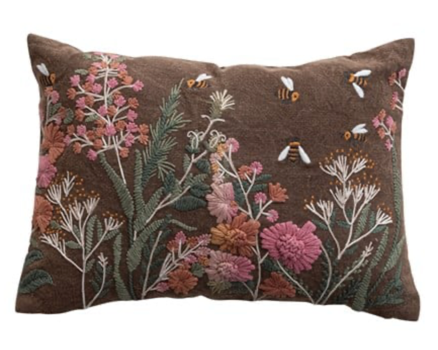 Brown Flower & Bee Embroidered Pillow