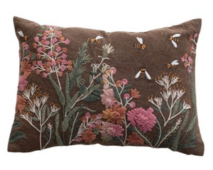 Brown Flower & Bee Embroidered Pillow