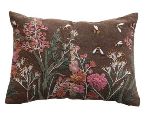 Brown Flower & Bee Embroidered Pillow