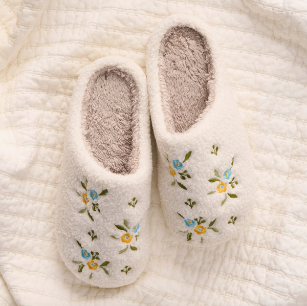 Fuzzy Slippers - Dainty Floral Blue Yellow