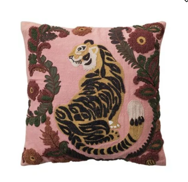 Pink Embroidered Tiger Pillow