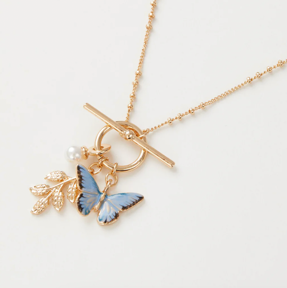Enamel Blue Butterfly & Leaf Charm Necklace