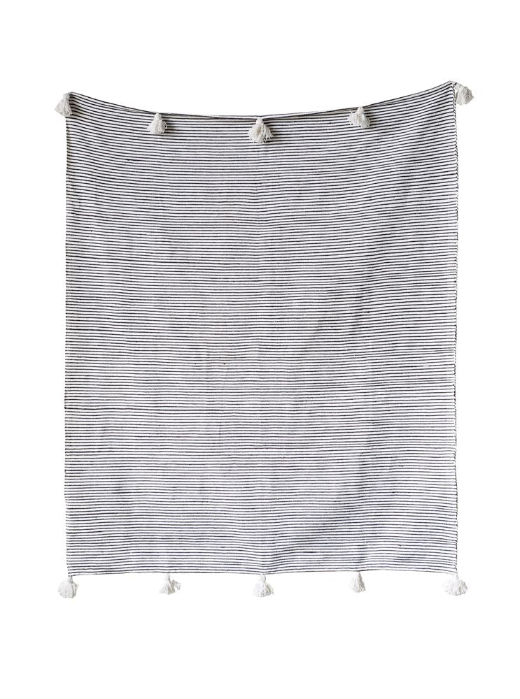 Hand-Loomed Cotton Striped Throw, Black w/ White Tassels