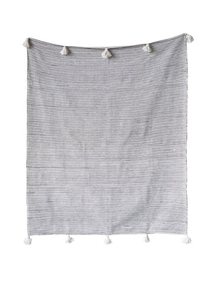 Hand-Loomed Cotton Striped Throw, Black w/ White Tassels