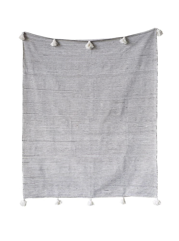Hand-Loomed Cotton Striped Throw, Black w/ White Tassels