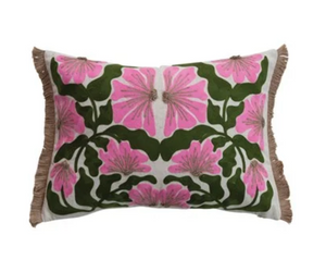 Pink & Green Floral Pillow w/Fringe