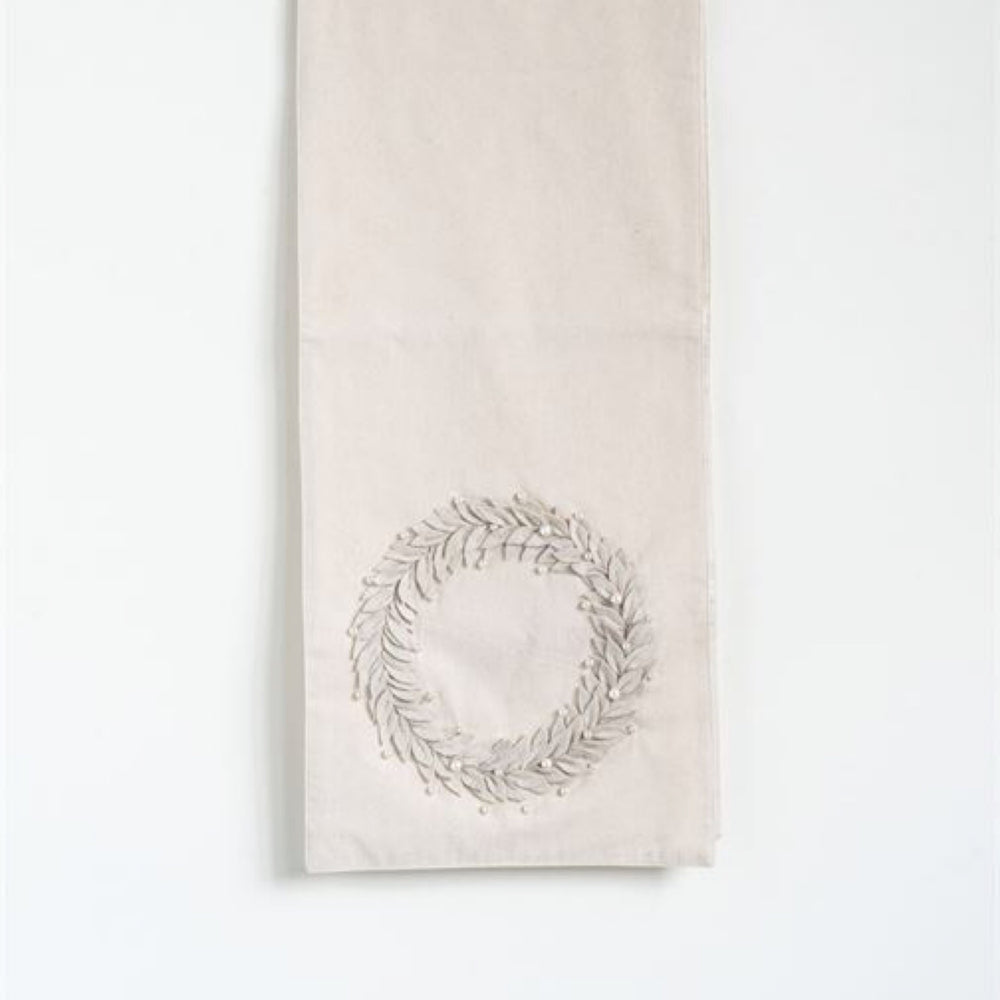 Cotton Table Runner w/ Felt & Pearl Beads Wreath, Cream