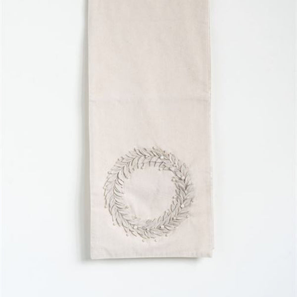 Cotton Table Runner w/ Felt & Pearl Beads Wreath, Cream