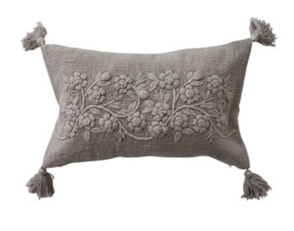 Taupe Floral Embroidered Lumbar Pillow w/Tassels