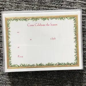 “Come Celebrate The Season” Mistletoe/Gold Border Fill In (Stationery)