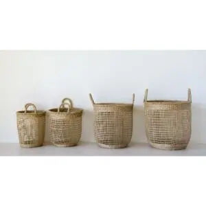 Round Hand-Woven Natural Seagrass Baskets with Handles (Set of 4)