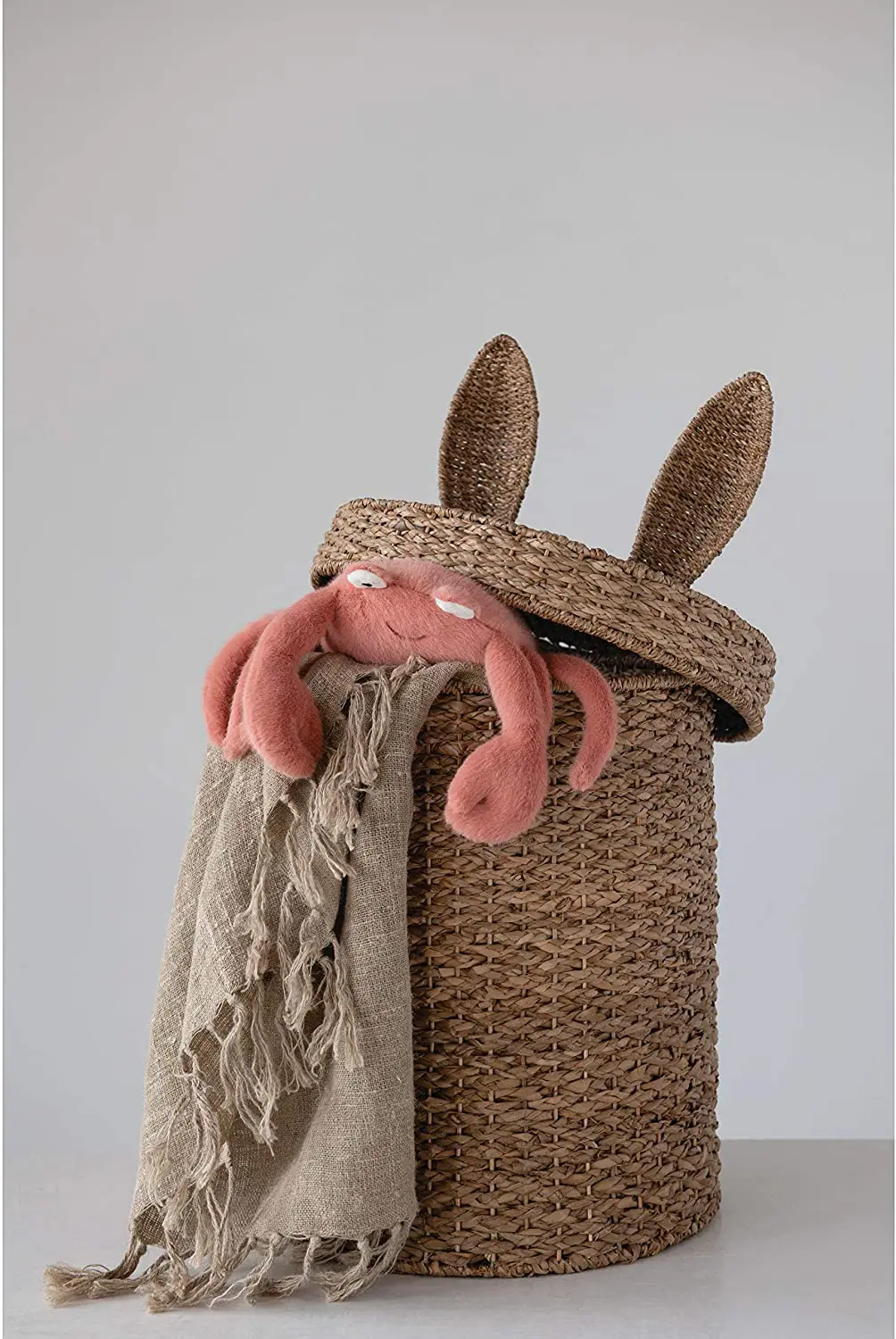 Hand-Woven Seagrass & Rattan Basket with Bunny Ears Lid