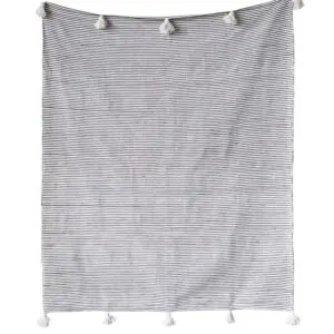 Hand-Loomed Cotton Striped Throw, Black w/ White Tassels