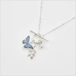 Enamel Blue Butterfly & Leaf Charm Necklace Silver