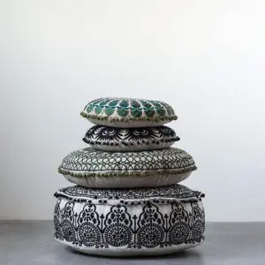 Embroidered Pouf with Pom Pom Trim