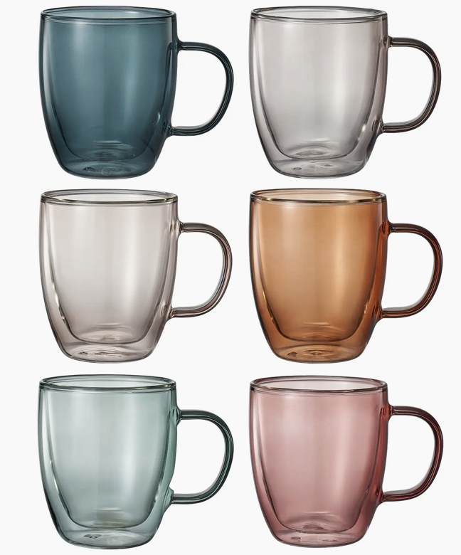 Double Wall Colored Glass Mugs - Set of 6