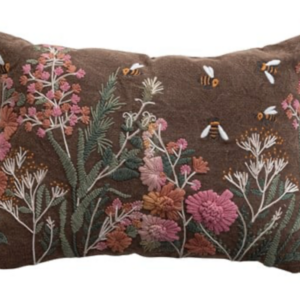 Brown Flower & Bee Embroidered Pillow