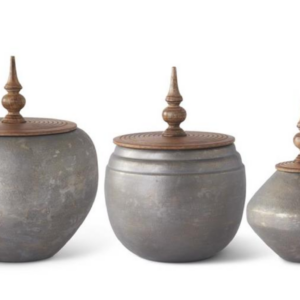 Distressed Gray & Gold Metal Pot w/ Wood Spindle Lid