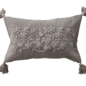 Taupe Floral Embroidered Lumbar Pillow w/Tassels