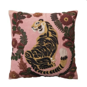Pink Embroidered Tiger Pillow