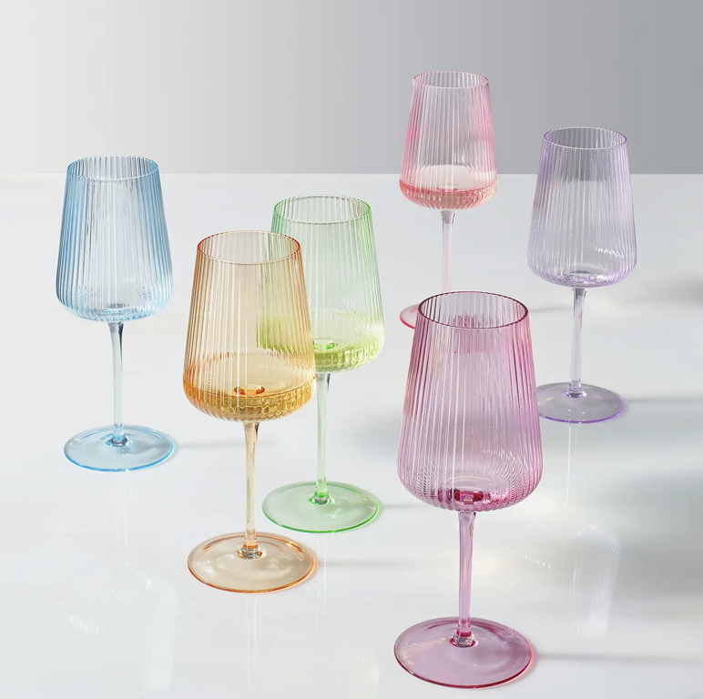 Pastel Ribbed Colored Wine Glasses - Set of 6