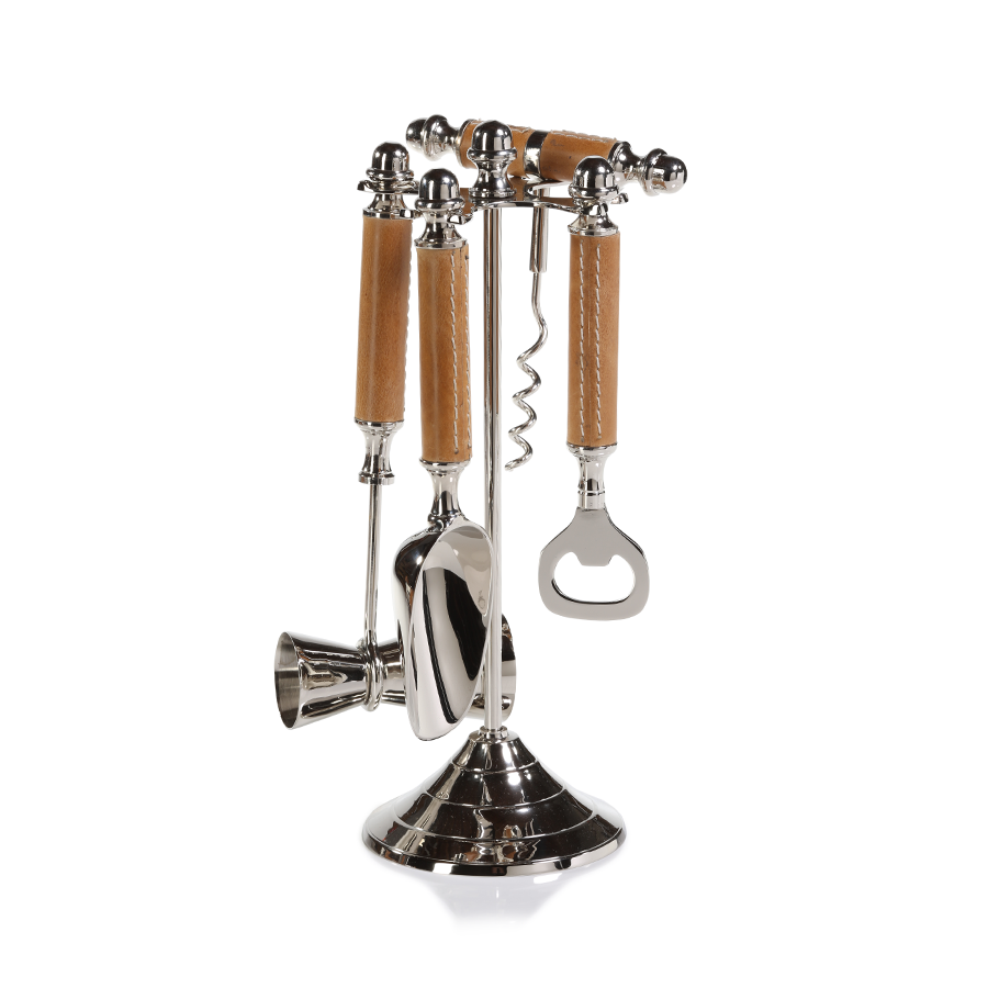 Polished Nickel + Leather Bar Tool Set