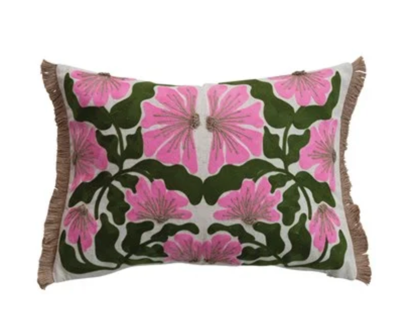 Pink & Green Floral Pillow w/Fringe