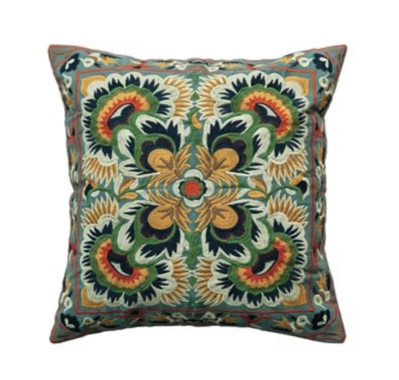 Teal Embroidered Floral Pillow