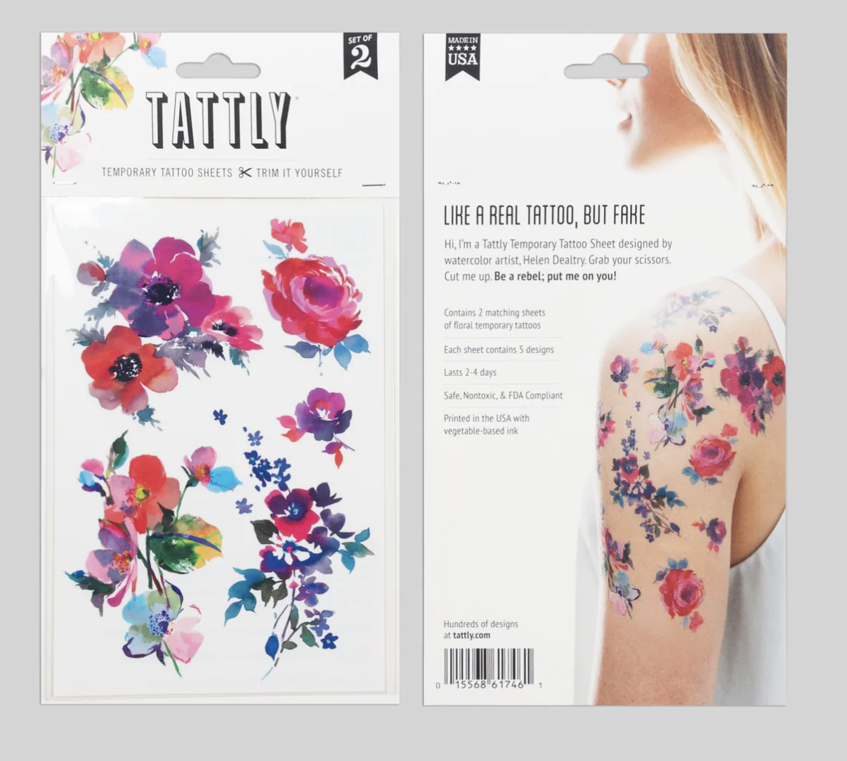Watercolor Florals Tattoo Sheet, Set of 2