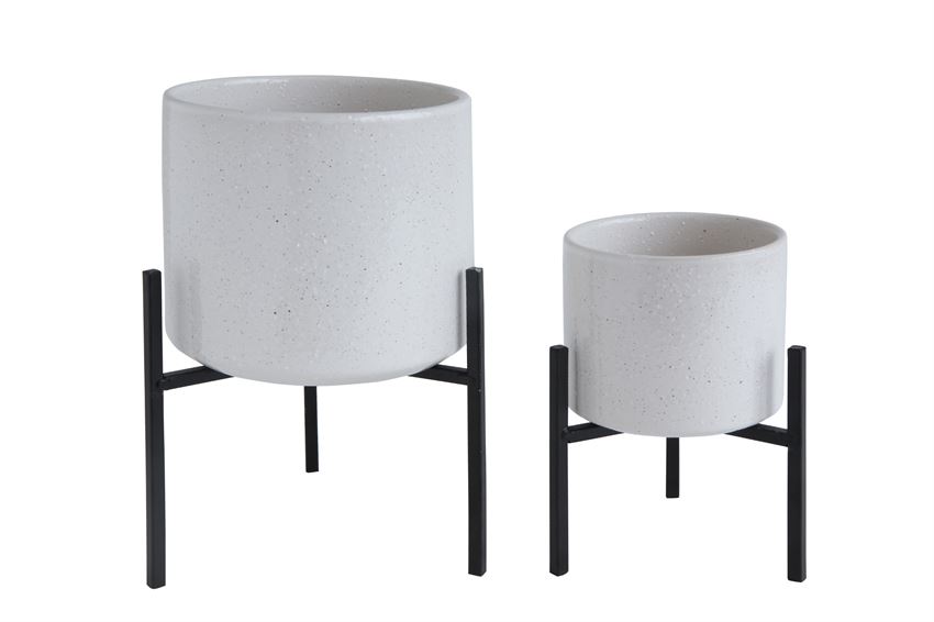 Small Stoneware Flower Pots w/ Metal Stand