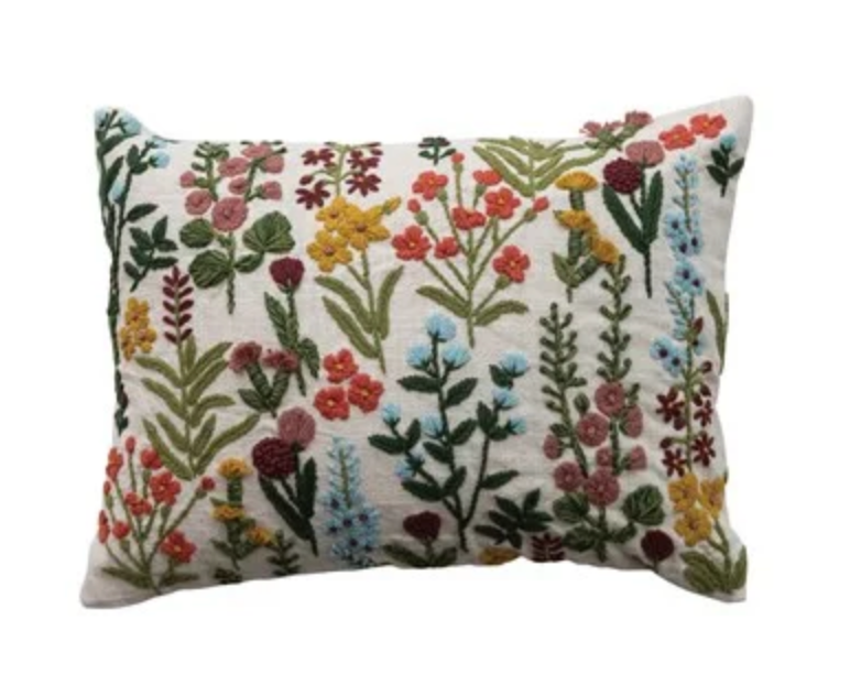 Multicolor Floral Embroidered Lumbar Pillow