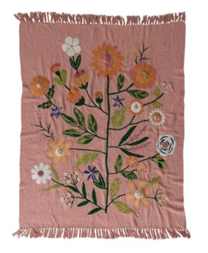 Pink Floral Embroidered Throw