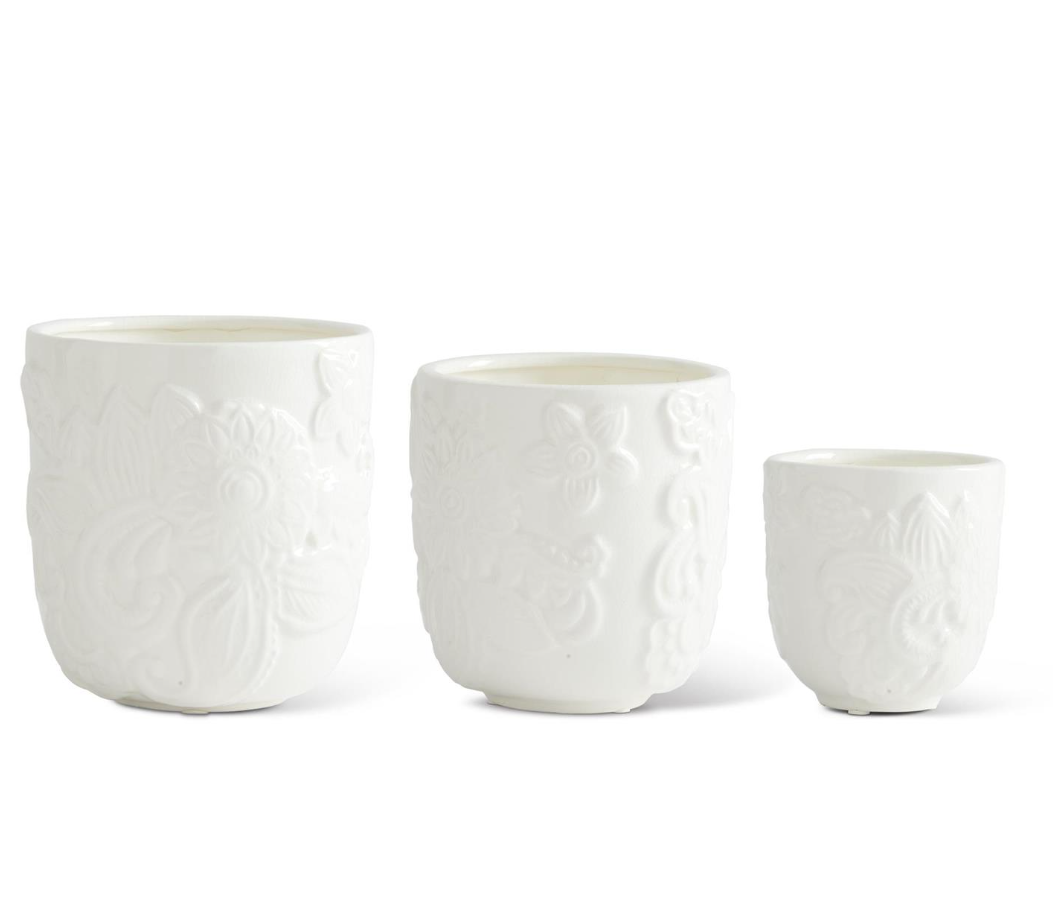 White Ceramic Paisley & Floral Embossed Pots