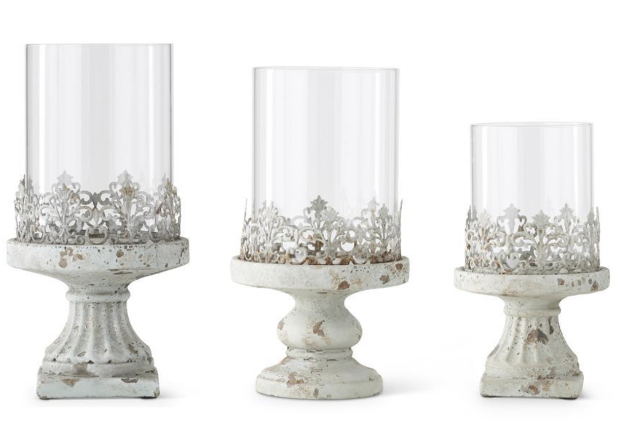 Set of 3 - Metal Candleholders w/Glass Hurricane
